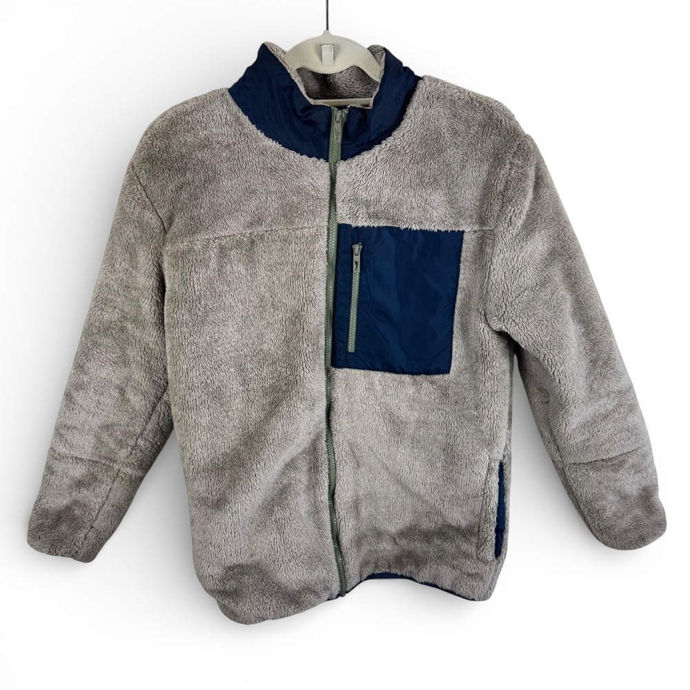 Tommy Bahama Boys XXL 16 Sherpa Fleece Full Zip‎ Jacket Tan Navy Blue Contrast